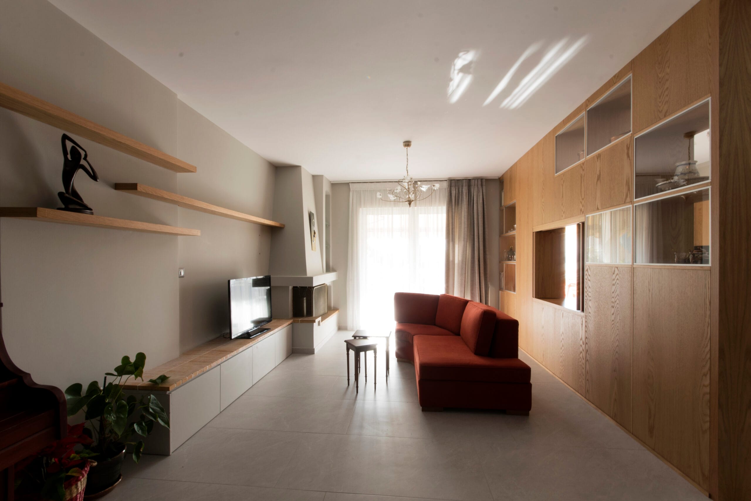 Modular wall, interior design, fireplace design, cosy living room
