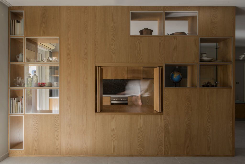 Modular wall, interior design, oak furniture