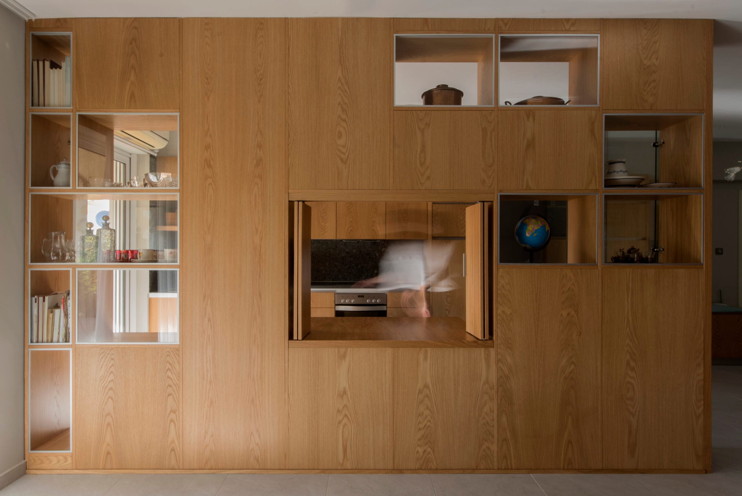 Modular wall, interior design, oak furniture